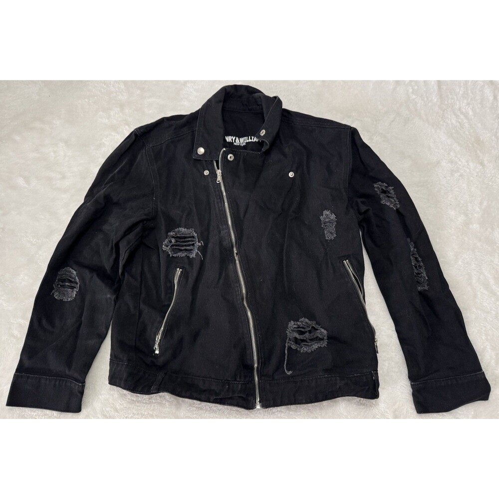 Henry & Williams Wmn's Medium Full Zip Black Distressed Denim Jacket